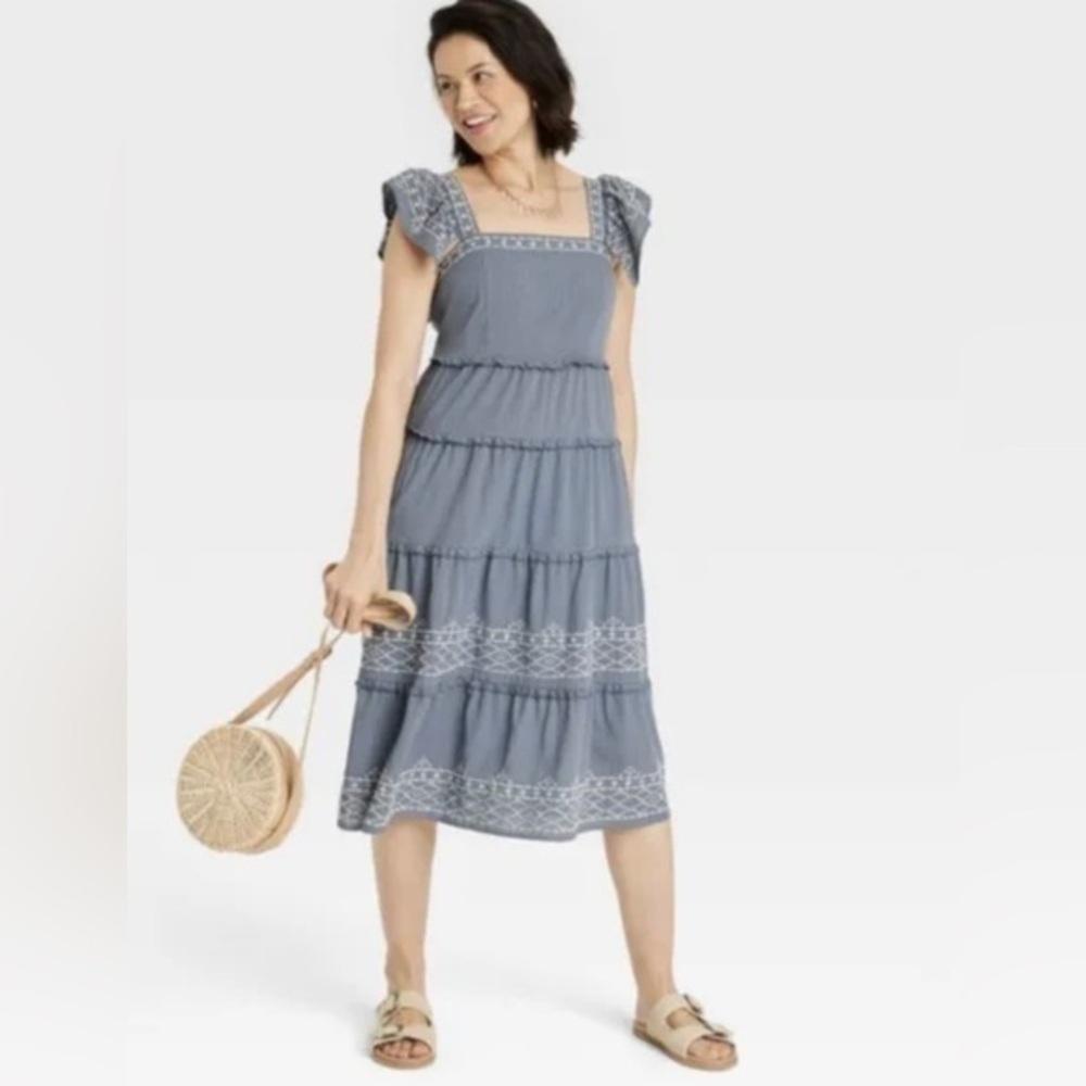 Knox Rose Dress Blue flutter Sleeve Embroidered Tiered Milkmaid Midi sz S